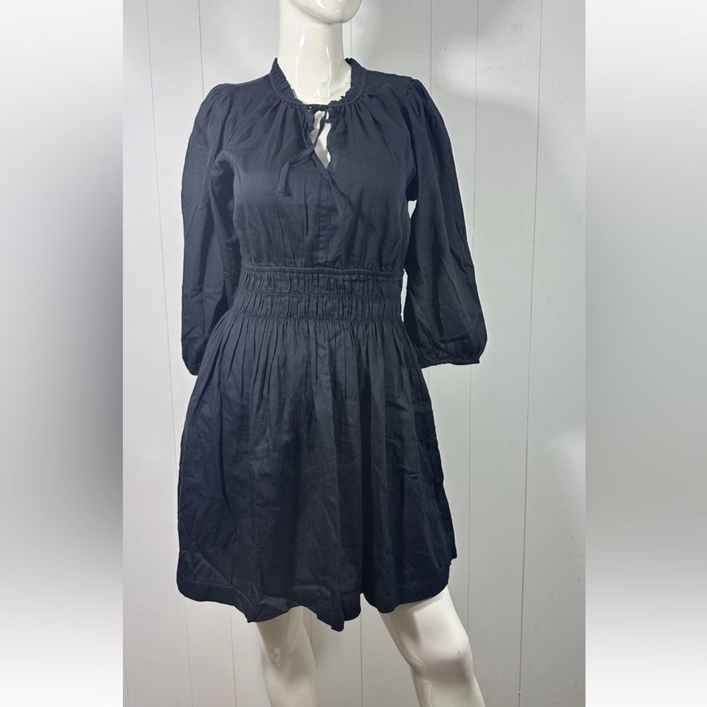 NWT Gap Womens Black Mini Dress Smocked Waist Puff 3/4 Sleeve Bohemian